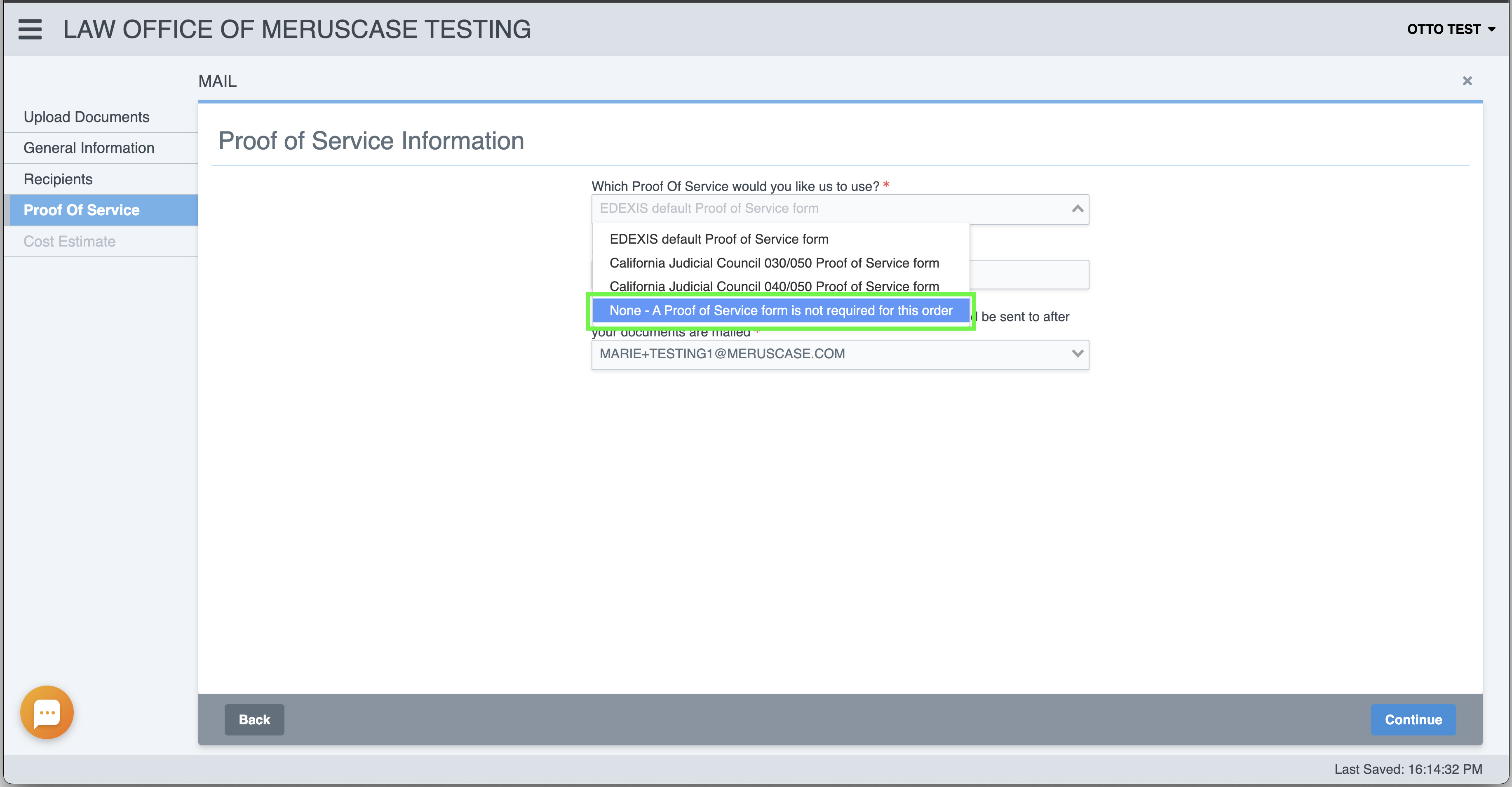 Edexis Proof of Service screen none option.png